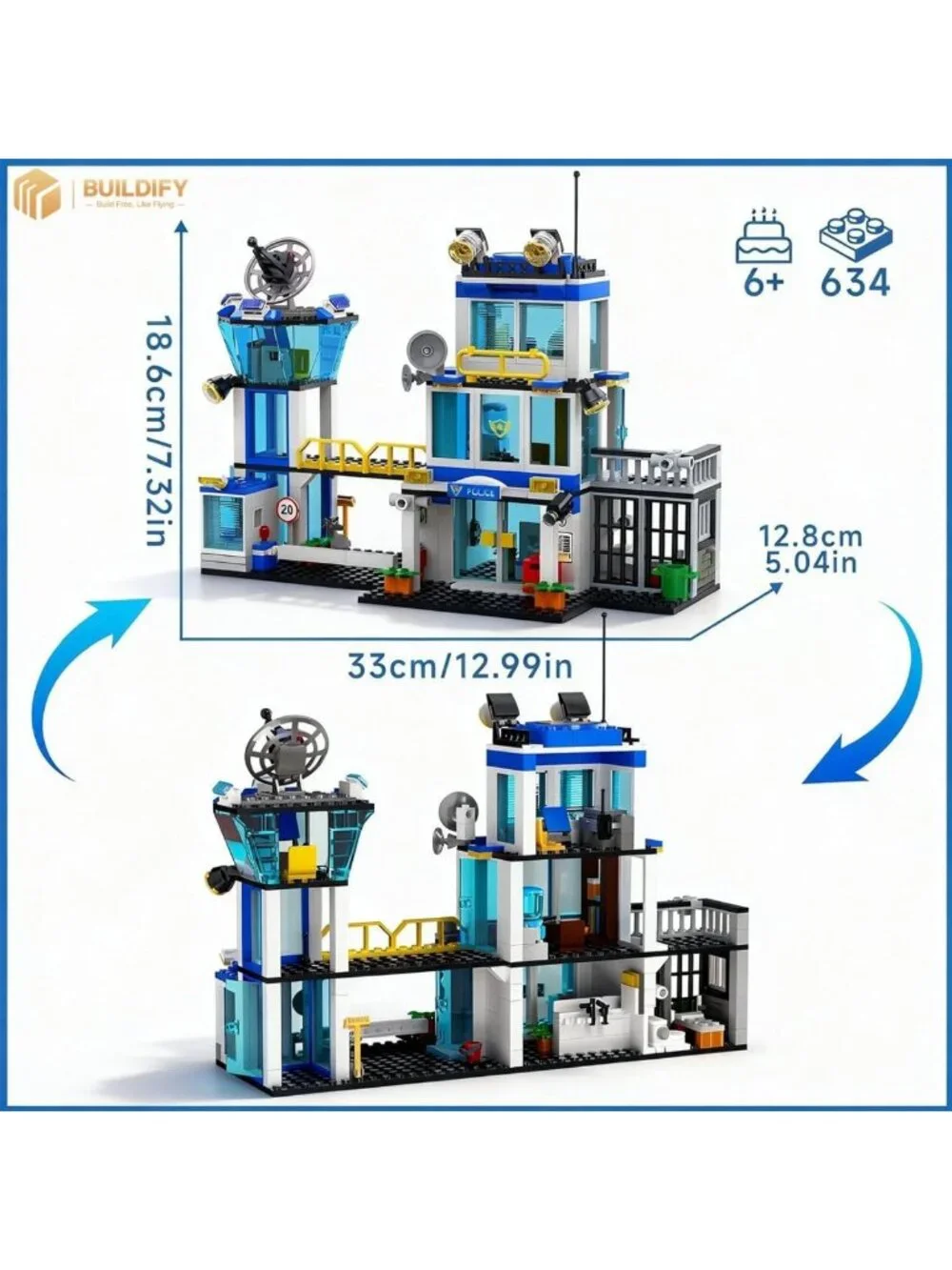 City Police Station Building Block Set with Lights, 634 PCS, Helicopter & Cars